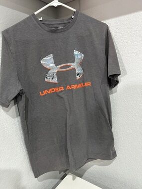 Under Armour Gray Tee with Orange Text and Camo Logo